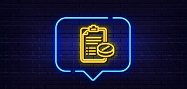 医疗处方线图标。药药的迹象。药房药物。霓虹灯说话泡泡。向量图片下载