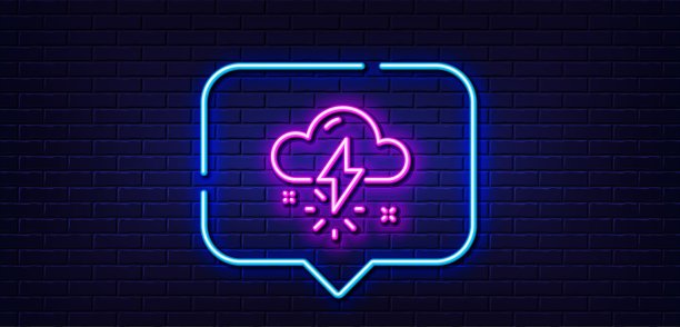 雷暴天气线性图标。带云标志的雷电。霓虹灯语音气泡。矢量图片下载