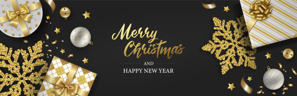 礼盒与金色雪花圣诞节banner俯视图图片下载