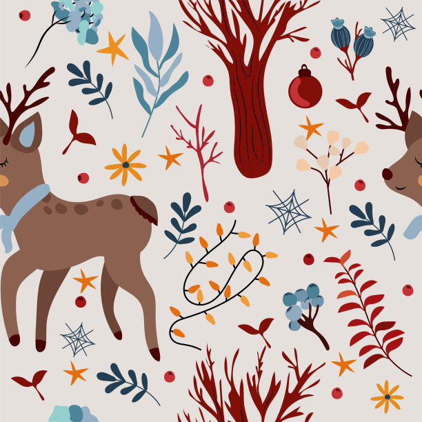 无缝图案与冬季动物，可爱的鹿，圣诞树装饰，花环，树，明亮的花朵。神奇的冬季模式。矢量插图。图片下载
