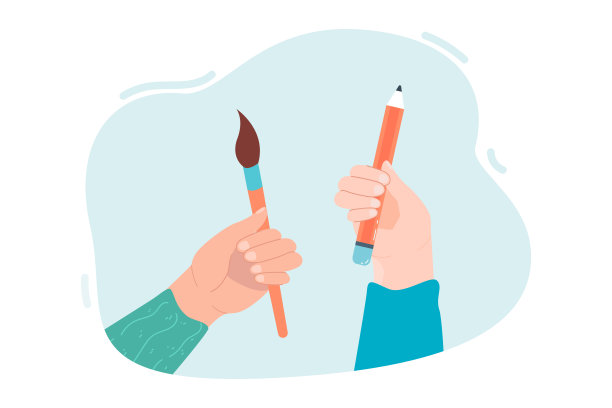 艺术家手握画笔和铅笔作画图片下载