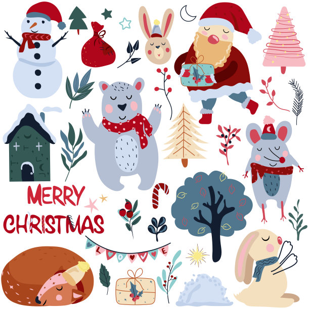圣诞收藏有圣诞老人、沉睡的鹿、滑稽的北极熊、可爱的兔子、五颜六色的树叶等。圣诞和新年的概念。有趣的卡通人物。向量图片下载