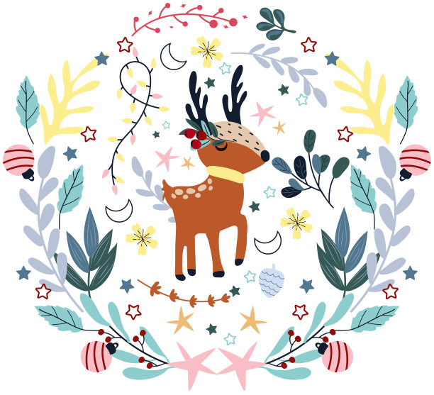 冬天的组成，用搞笑的鹿围巾在圣诞花环，花环，花，松枝，概念圣诞和新年。神奇的动物。向量图片下载