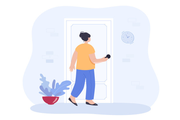 年轻女子进入门把手平面矢量插图图片下载