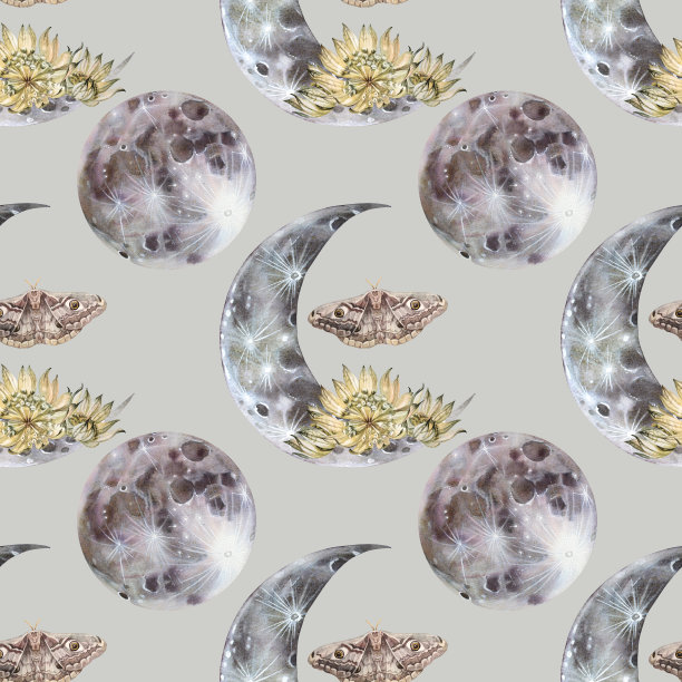 无缝图案水彩魔术月与蛾子和花在黑暗的背景。手绘夜月光灯作为壁纸。波西米亚风格的包装。天空上的占星术物体。艺术小品集图片下载