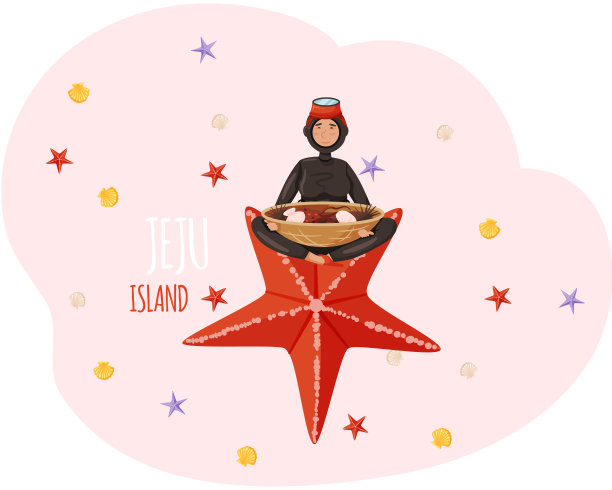 穿着潜水服的人物与济州岛的国菜海鲜制成的海星坐在大海星上图片下载