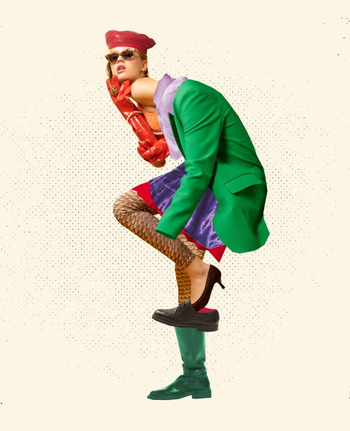 创意艺术肖像的时尚女性穿着许多不同的衣服在白色背景。美貌、时尚、风格、购物成瘾图片下载