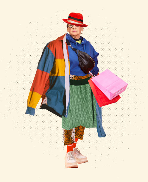 时尚的中年妇女穿着许多不同的衣服在白色的背景。复古风，美，时尚，追随者，购物成瘾图片下载