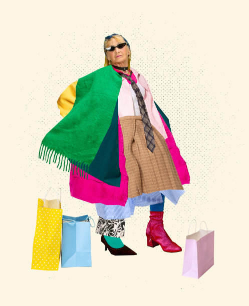 时尚的中年妇女穿着许多不同的衣服在白色的背景。复古风，美，时尚，追随者，购物成瘾图片下载