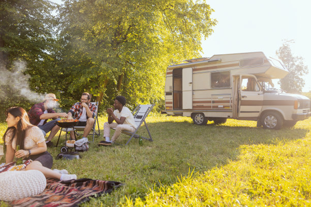 一群朋友一起在大自然中度过时光。女孩们坐在毯子上聊天。男孩们正在准备烧烤。图片下载