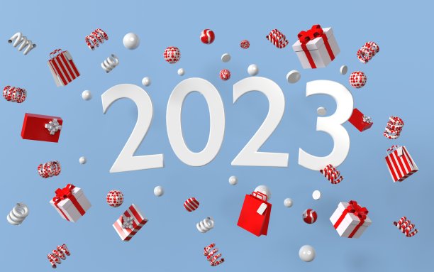 2023新年概念与礼盒五彩纸屑和派对彩带围绕蓝色背景跳舞图片下载