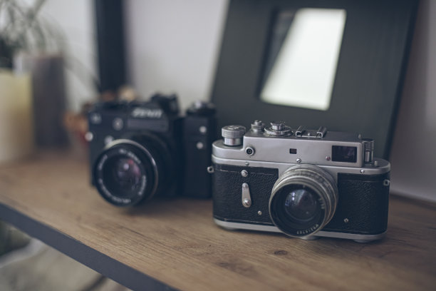展示架上的两个老式照相相机模型的照片图片下载
