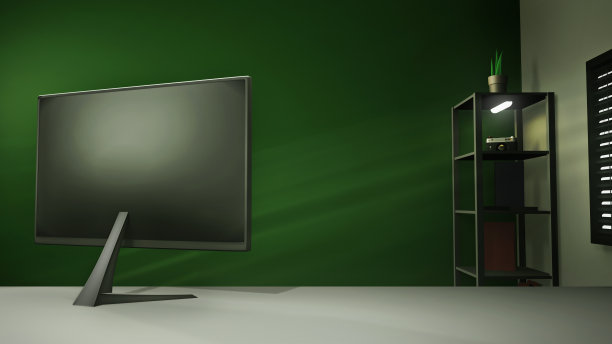 家庭或办公室的虚拟背景，有一张桌子和一个显示器。图片下载