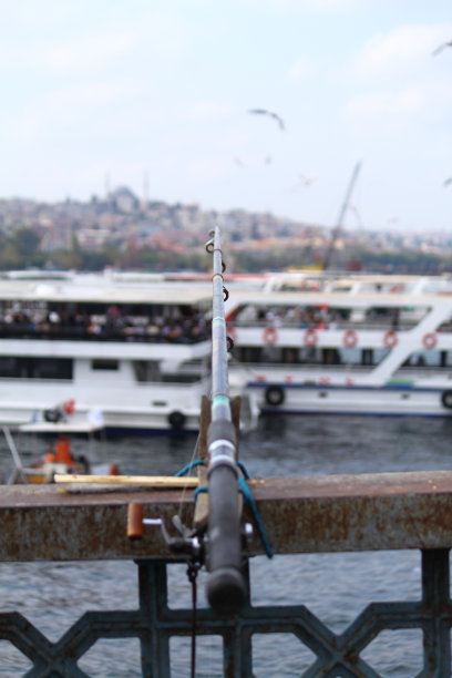 伊斯坦布尔加拉塔大桥上的鱼竿特写。有选择性的重点。图片下载