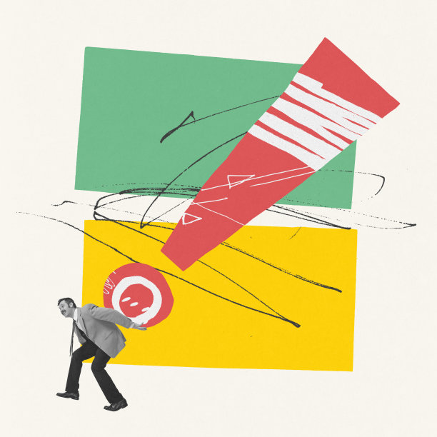 当代艺术拼贴。概念上的形象。商人背上吉安标志，象征着项目理念图片下载