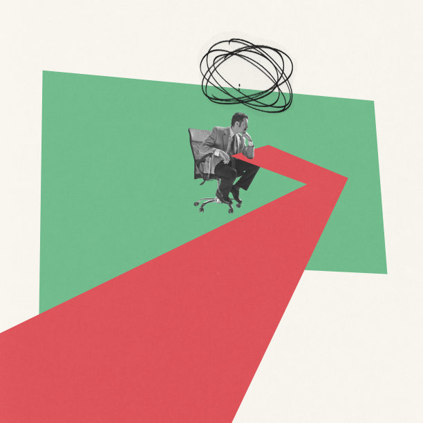 当代艺术拼贴。专注的商人坐在桌子前思考的概念形象。头脑风暴和项目制定图片下载