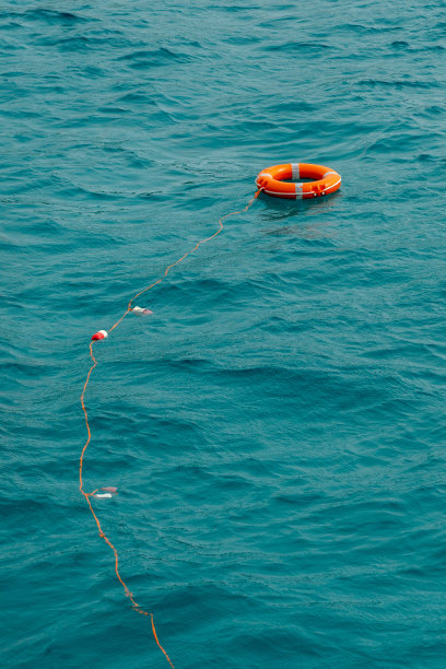 垂直拍摄一个漂浮在蓝色海水上的橙色救生圈图片下载