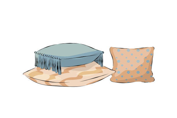 卡通靠垫。卧室枕头构成，家居室内装饰元素。现代几何装饰米色和蓝色印花，卡通平面物体矢量垫与模式设置图片下载