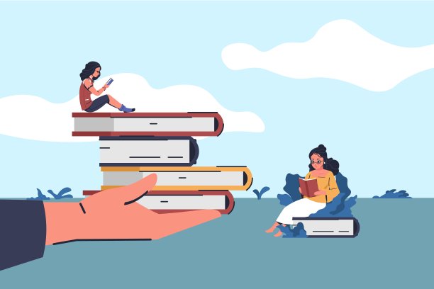 人们喜欢阅读。手持一堆书，小字符。文学的海报。公园里的书虫，学习的人，拿着课本的女孩。矢量图书馆或书店卡通插画图片下载