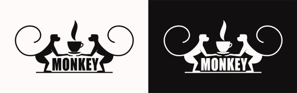 猴子用一杯咖啡或茶。咖啡店的标志或徽章。矢量插图。特殊的标志图片下载