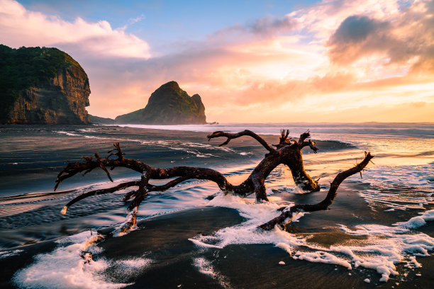 新西兰奥克兰皮哈海滩日落时的美丽照片图片下载