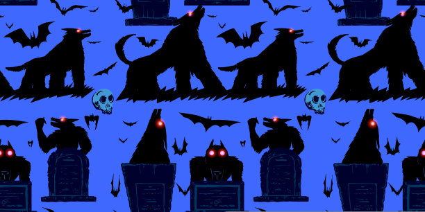 一个狼人在墓地和蝙蝠的无缝模式。图片下载