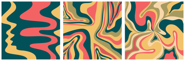 Groovy浪潮复古背景与漩涡集集合。嬉皮复古的颜色。简单的旋转时尚的设计。波浪形大理石绝妙的图案。图片下载