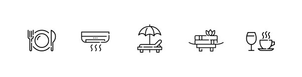 5招图标。餐厅、空调、沙滩伞、水疗中心、咖啡厅。像素完美，可编辑的笔画图片下载
