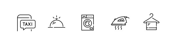 5个酒店和住宿图标。出租车，客房服务，洗衣机，熨斗和洗衣。像素完美，可编辑的笔画图片下载
