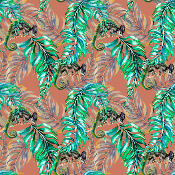 变色龙在棕榈叶华丽的图案水彩插图图片下载