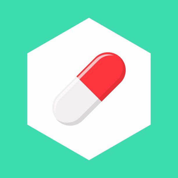 红色药丸胶囊，药物，矢量标记符号绿色样式。孤立的图标。图片下载