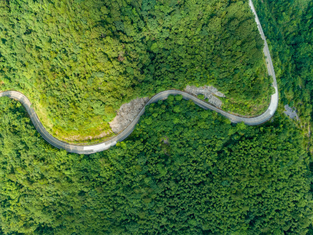 航拍蜿蜒的山路和绿色的森林图片下载