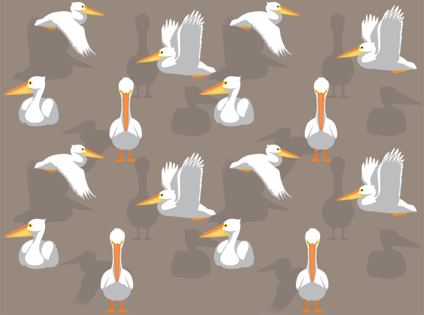 白色鹈鹕可爱的卡通人物无缝墙纸背景图片下载