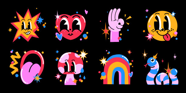 矢量插图集，明亮的手绘，抽象漫画图标，儿童风格的平面卡通人物图片下载