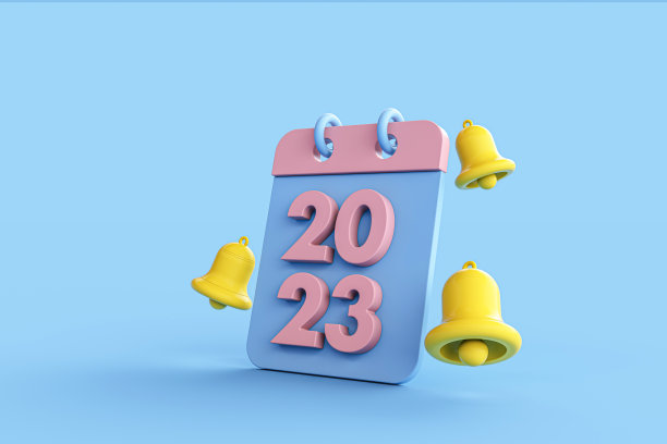 2023年新年决心。黄色通知铃声响起，蓝色背景的日历截止日期。3 d渲染。图片下载