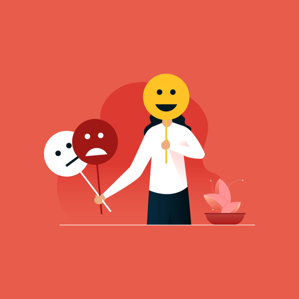 女性掩盖或隐藏个性和她的表情与微笑面具矢量，情绪插画的概念图片下载