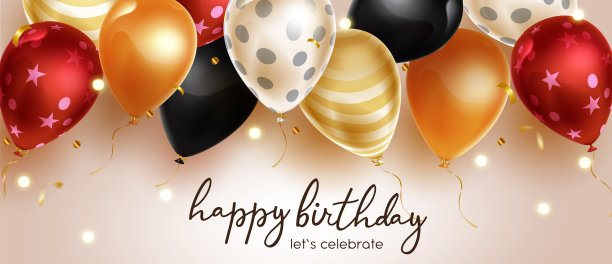 生日快乐矢量背景设计。生日快乐的问候文字与优雅的图案气球束为生日庆祝横幅。图片下载