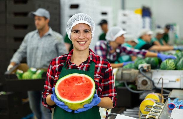 在工厂挑选西瓜时，高兴的女人拿着半个多汁的红西瓜的肖像图片下载