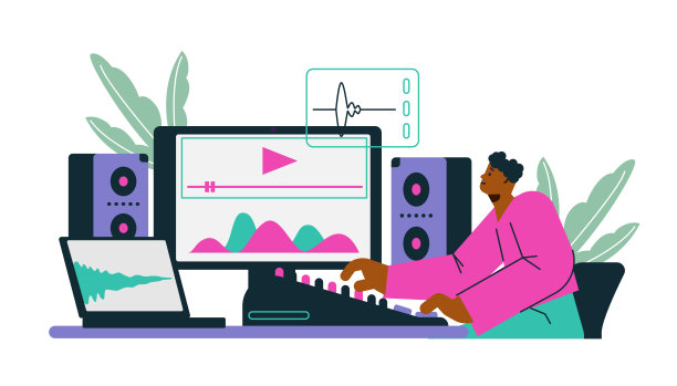 声音设计师在电脑上工作，平面矢量插图隔离在白色背景上。图片下载