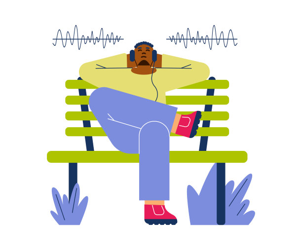 放松的人在长凳上戴着耳机听音乐或播客，平面矢量插图孤立在白色背景。图片下载