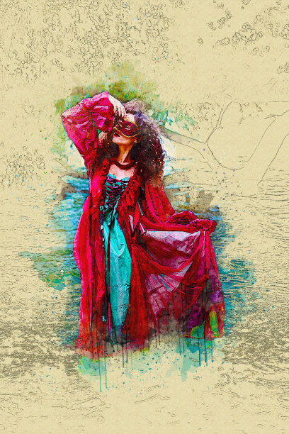 身着红色历史服饰的女子和水彩风格的假面舞会图片下载