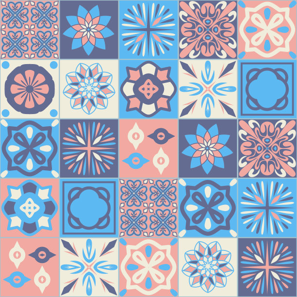 瓷砖墙面装饰，蓝紫粉粉彩，时尚矢量插画图片下载