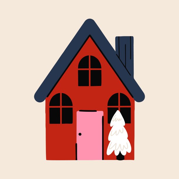 圣诞屋，在明亮的背景下有一棵孤立的圣诞树。卡通矢量插图。新年好横幅。复古风格。图片下载