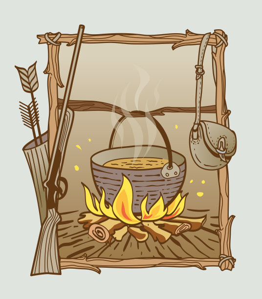 猎人的静物:枪，箭，包和锅与肉汤的火图片下载