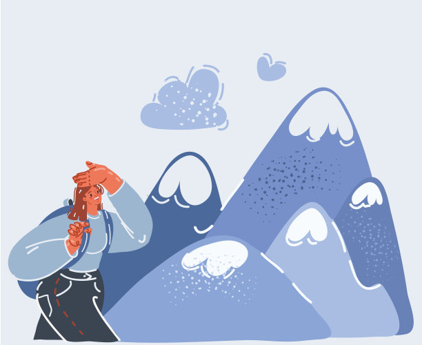 矢量插图的女人站在山顶。游客在观赏山景图片下载