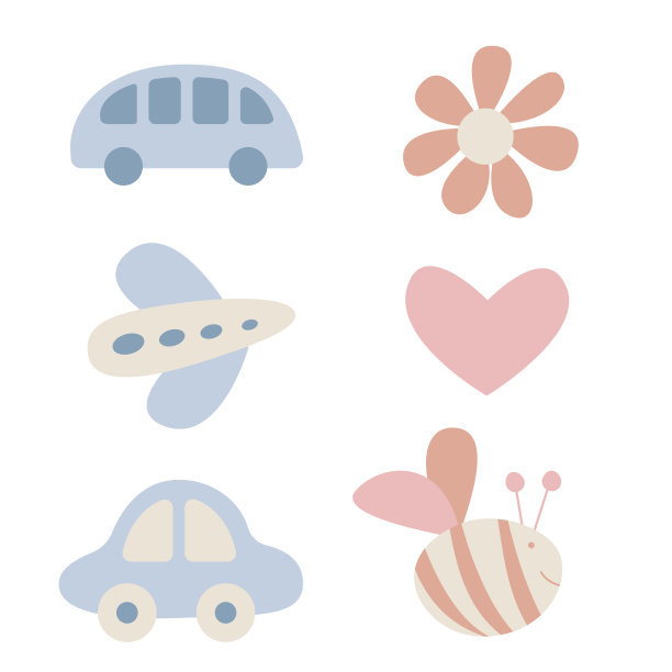这套可爱的婴儿物品在极简的平面风格。儿童符号和玩具的矢量插图。欢迎,宝贝。卡通孩子剪纸艺术。新生儿。图片下载