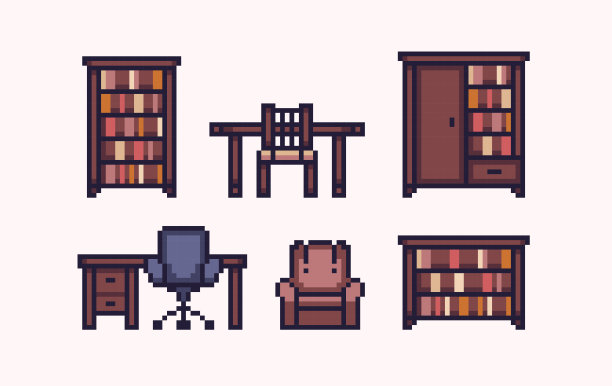 书架家具像素艺术套装。、书柜、书桌、图书馆或橱柜内部收藏。8点雪碧。图片下载
