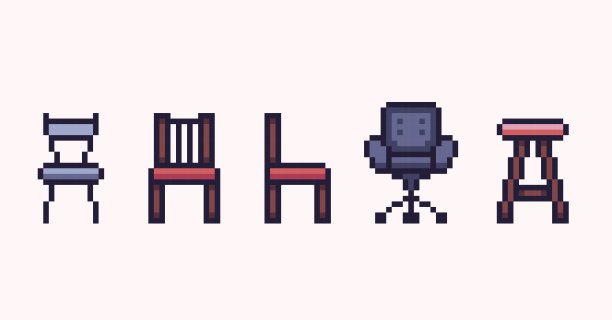 椅子，凳子像素艺术套装。餐饮、橱柜家具收藏。室内空间的元素。8点雪碧。图片下载
