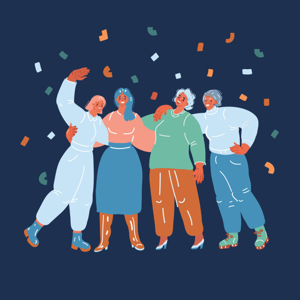 四个站在一起的女人的卡通矢量插图。女人的友谊。图片下载