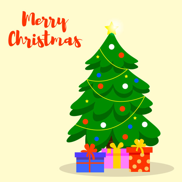 圣诞插画与装饰冷杉树，玩具和字母。新年快乐，圣诞快乐。平面风格的插图。图片下载